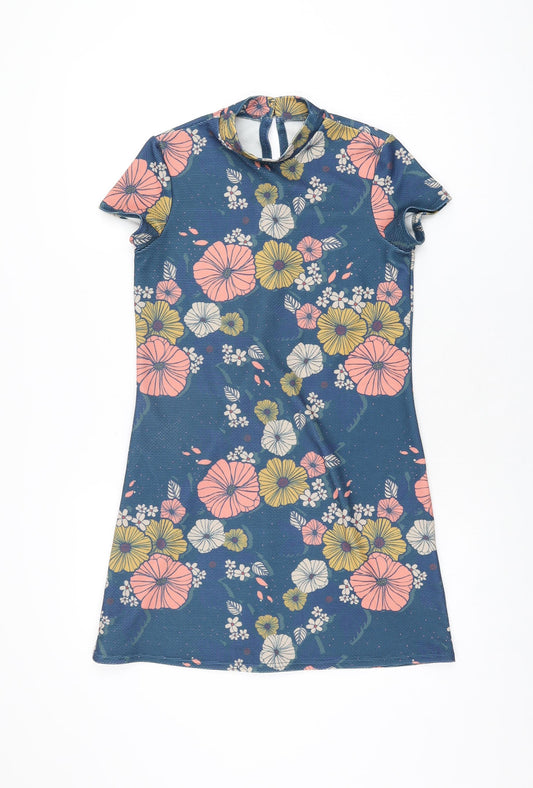 ASOS Womens Blue Floral Polyester Mini Size 6 High Neck Button