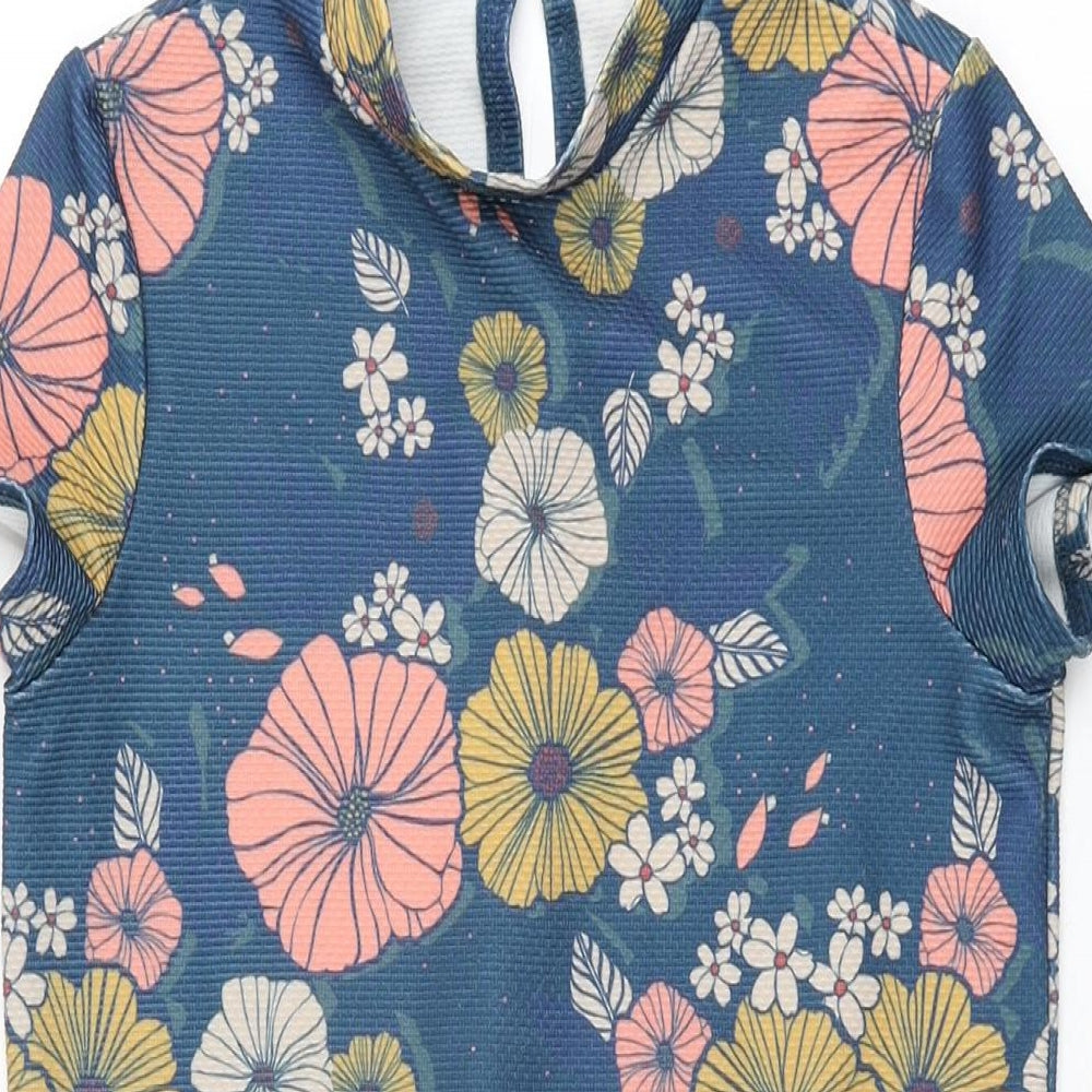 ASOS Womens Blue Floral Polyester Mini Size 6 High Neck Button