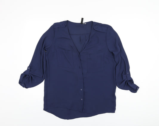 H&M Womens Blue Polyester Basic Button-Up Size 8 V-Neck