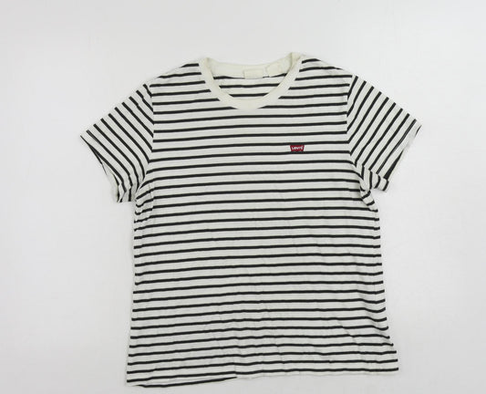 Levi's Womens White Striped Cotton Basic T-Shirt Size M Crew Neck - Vintage Logo