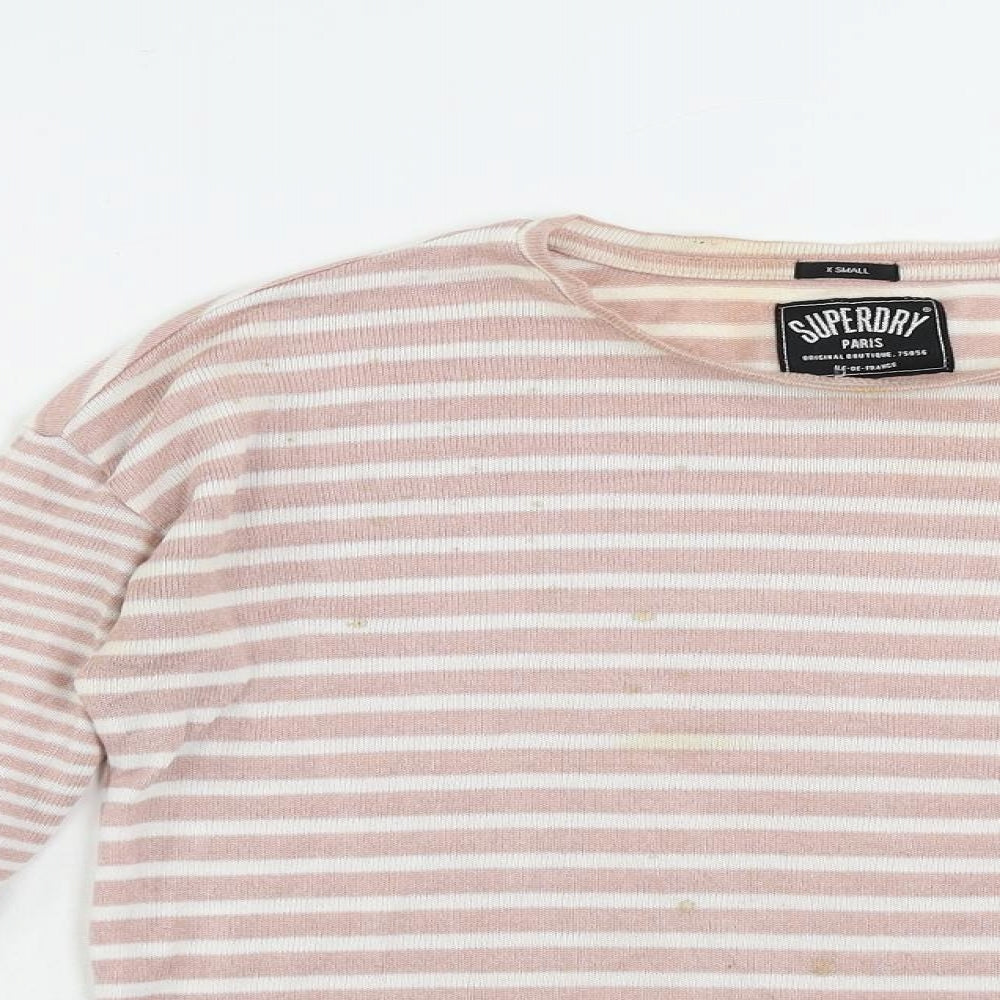 Superdry Womens Pink Round Neck Striped Viscose Pullover Jumper Size XS - Vintage Logo