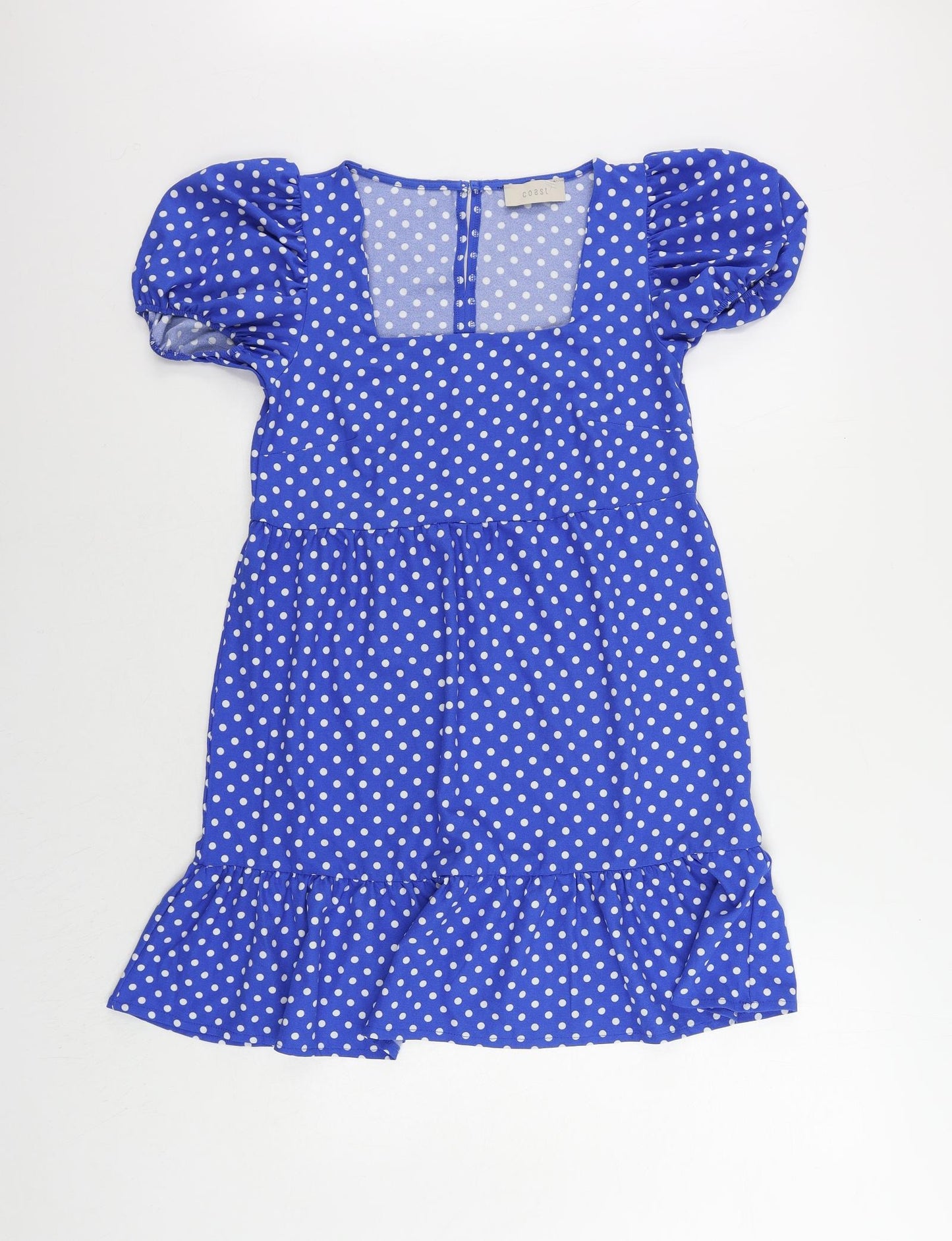 Coast Womens Blue Polka Dot Polyester Mini Size 10 Square Neck Pullover - Ruffle