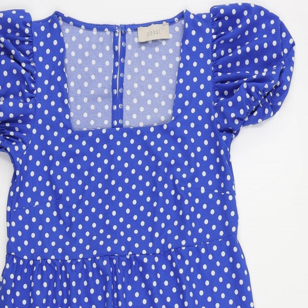 Coast Womens Blue Polka Dot Polyester Mini Size 10 Square Neck Pullover - Ruffle