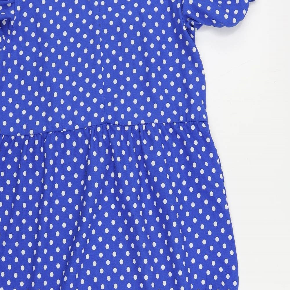 Coast Womens Blue Polka Dot Polyester Mini Size 10 Square Neck Pullover - Ruffle