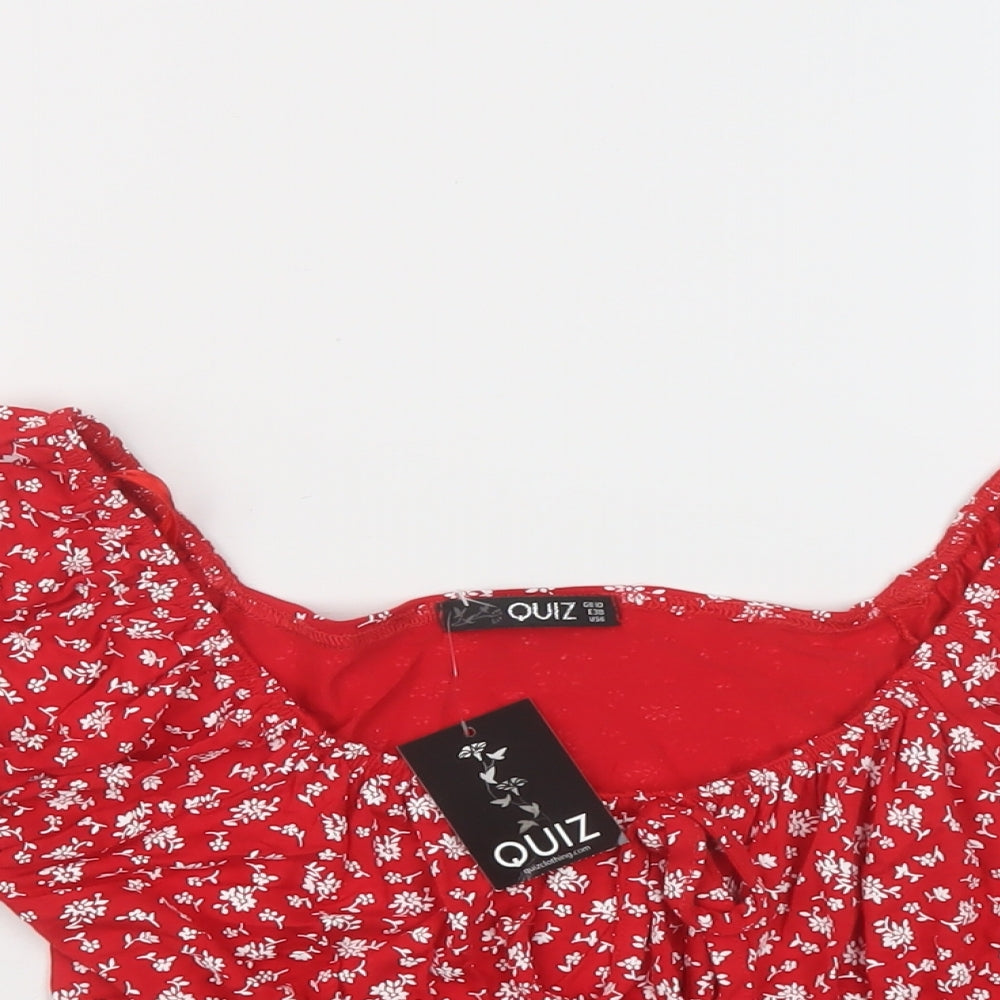 Quiz Womens Red Floral Viscose Cropped Blouse Size 10 Round Neck