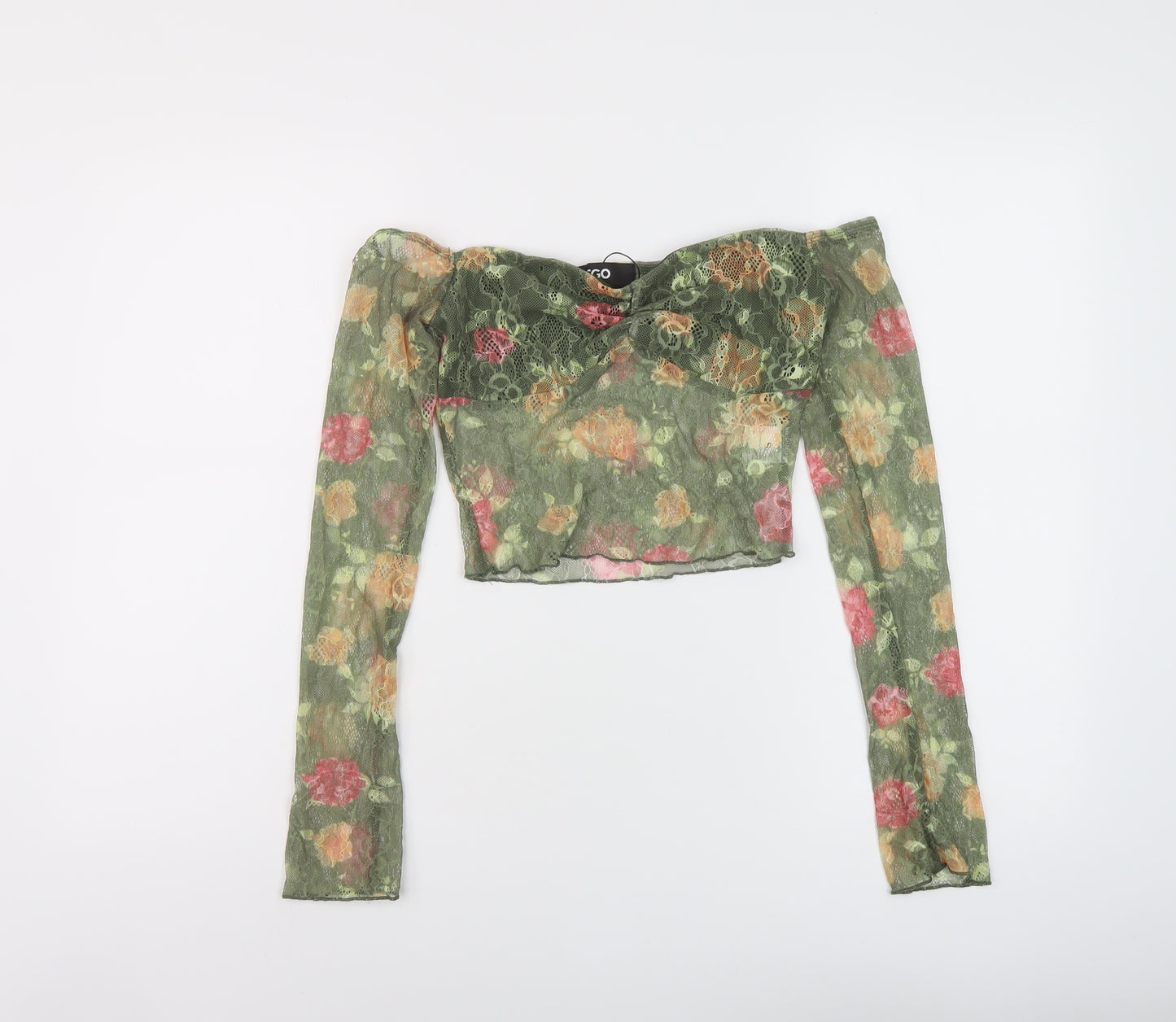 Ego Womens Green Floral Polyester Cropped Blouse Size S V-Neck