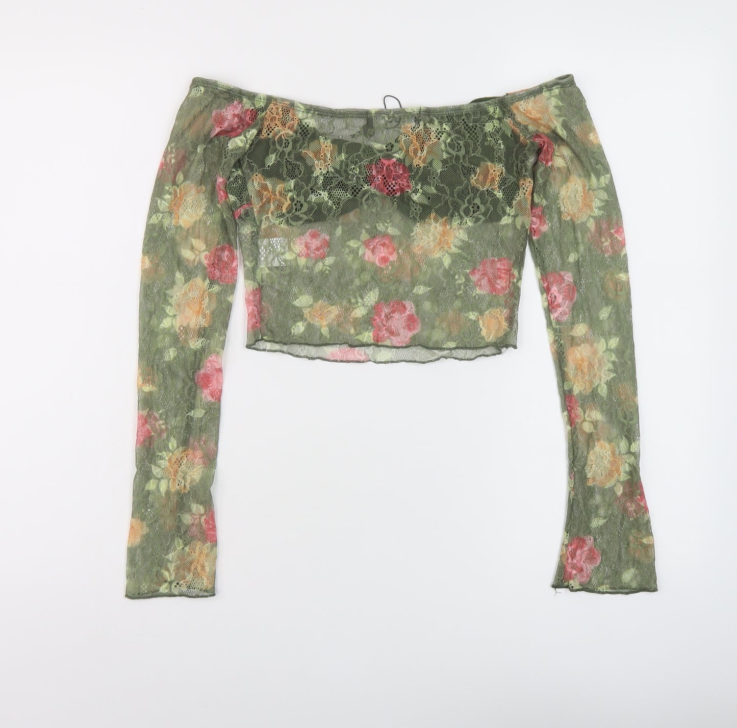 Ego Womens Green Floral Polyester Cropped Blouse Size S V-Neck