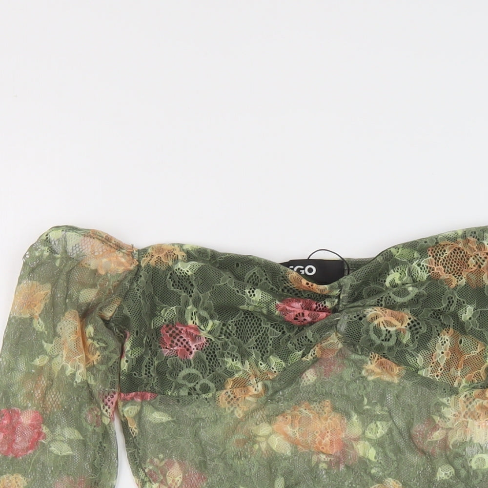 Ego Womens Green Floral Polyester Cropped Blouse Size S V-Neck