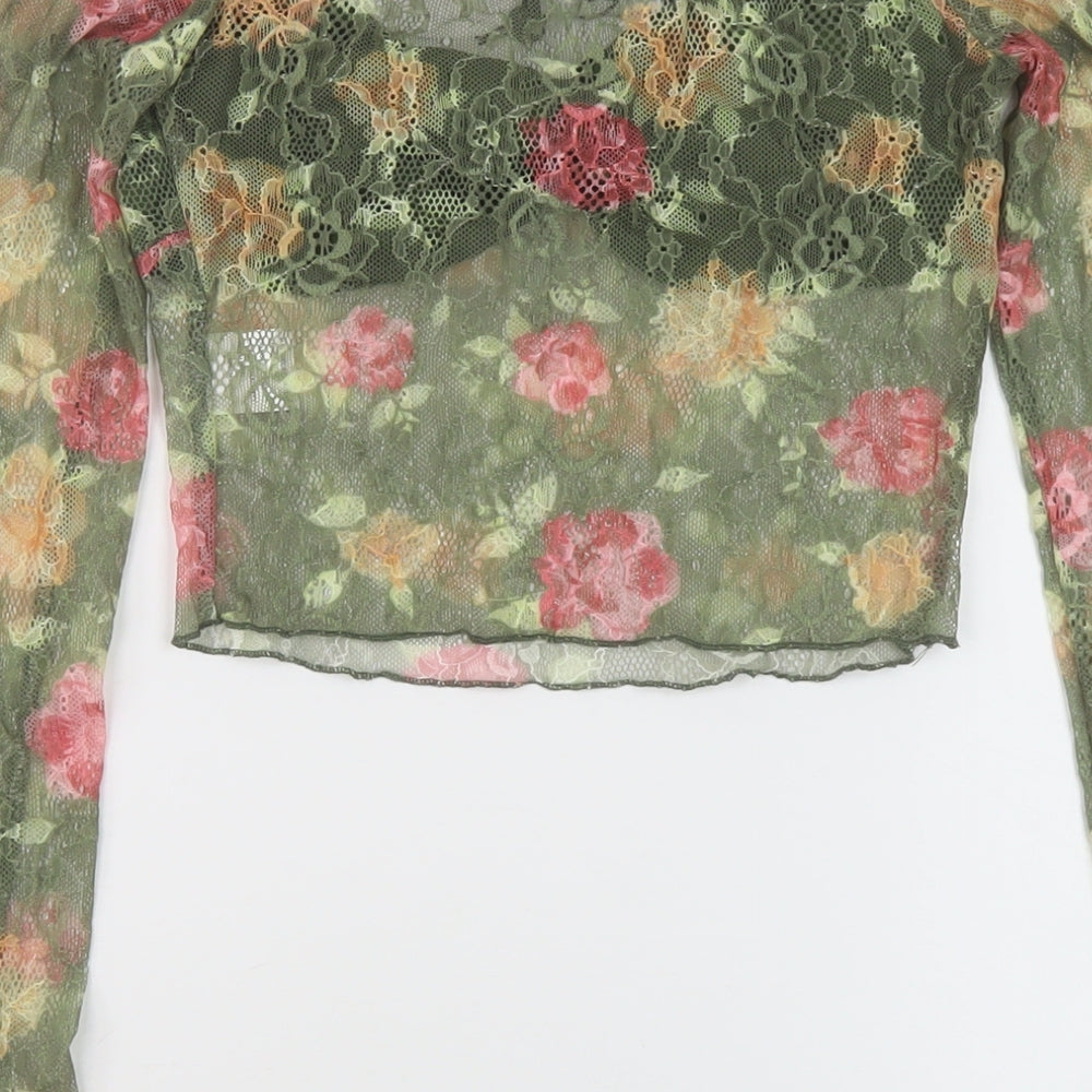 Ego Womens Green Floral Polyester Cropped Blouse Size S V-Neck