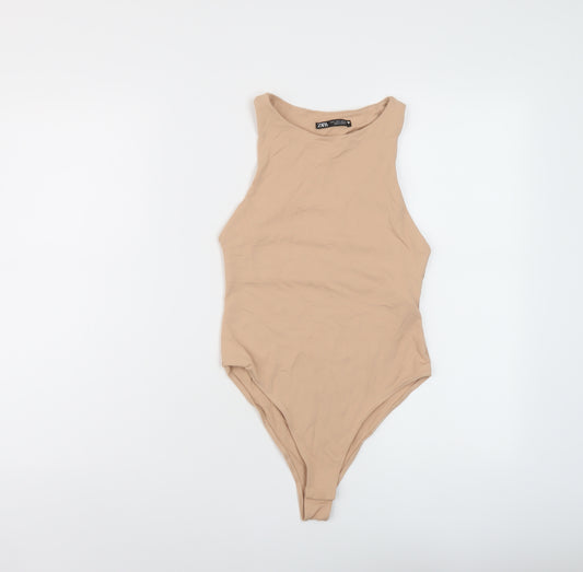 Zara Womens Beige Polyamide Bodysuit One-Piece Size S Snap