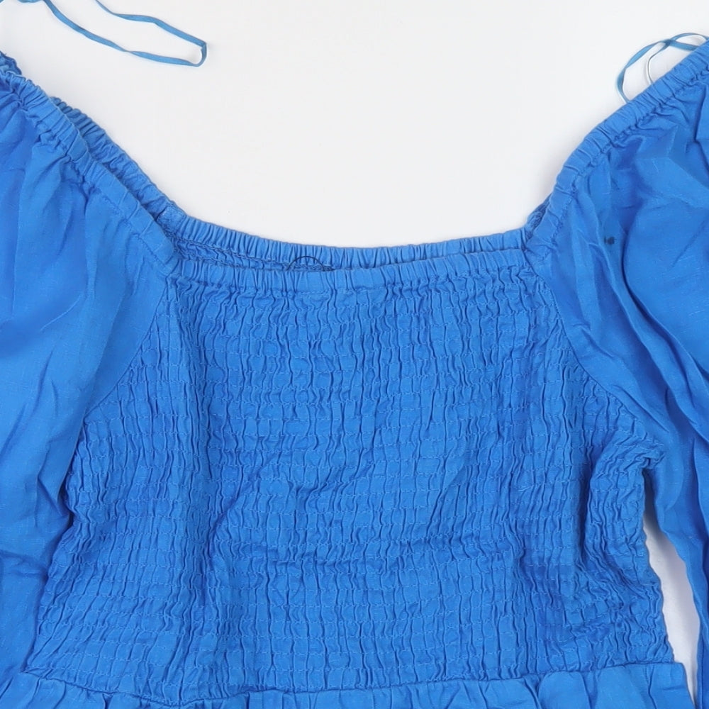 Marks and Spencer Womens Blue Linen Basic Blouse Size 10 Square Neck