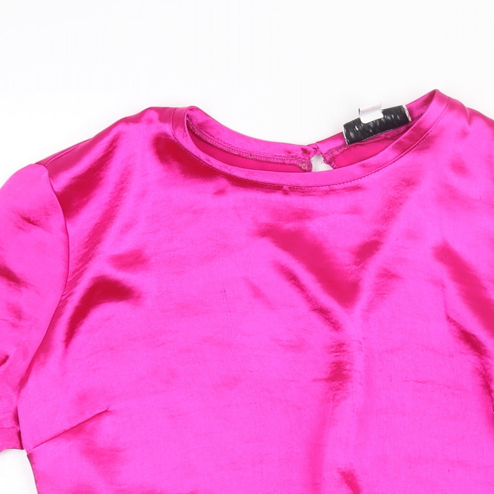 Topshop Womens Pink Polyester Cropped Blouse Size 14 Round Neck - Open Bakc Wrap Tie