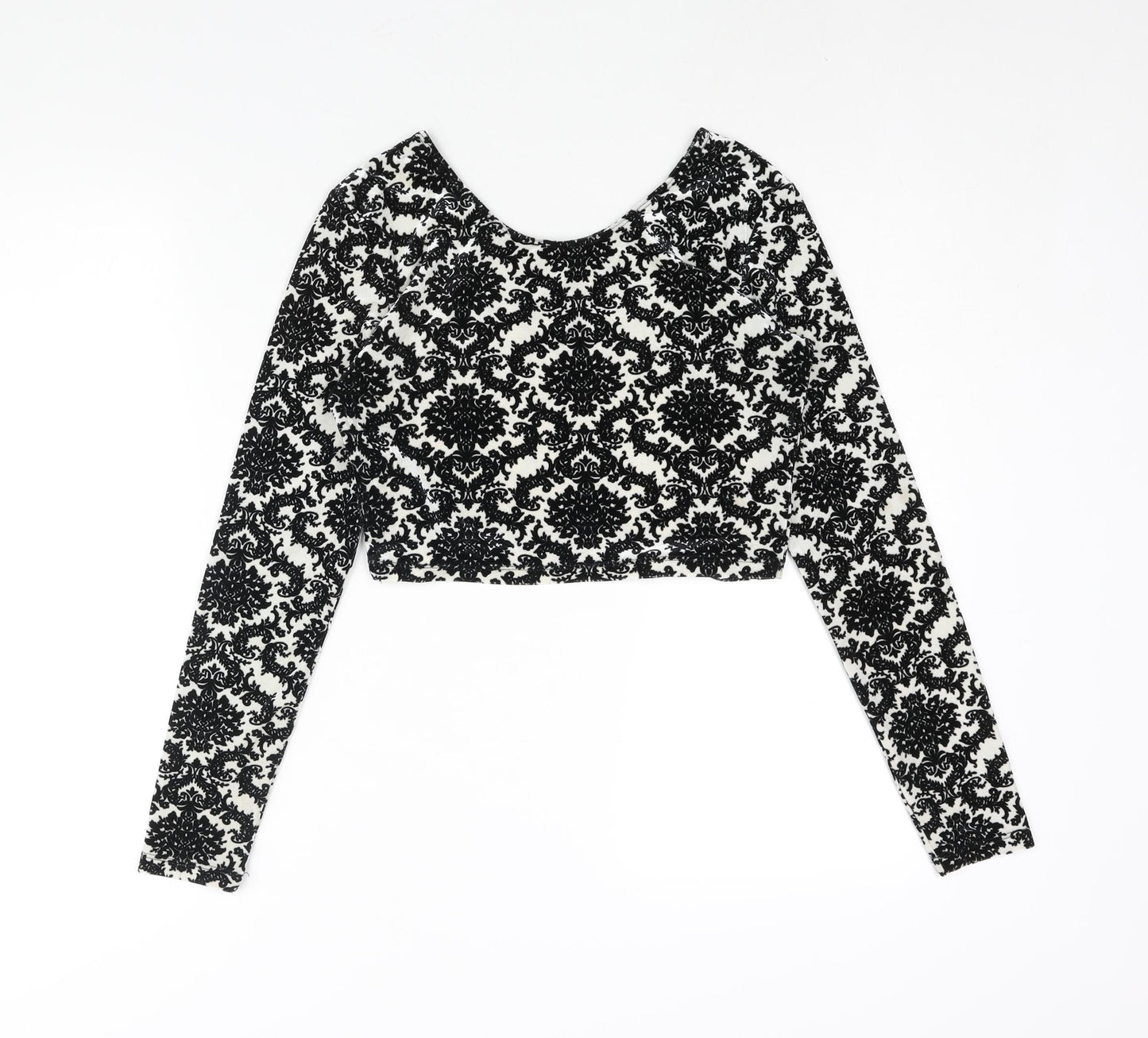 Glamorous Womens Black Geometric Polyester Cropped Blouse Size M Round Neck