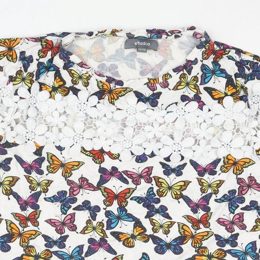 Studio Womens Multicoloured Geometric Viscose Basic Blouse Size 16 Round Neck - Butterfly Print Lace Detail Size 16-18