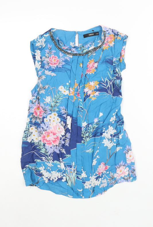 Oasis Womens Blue Floral Viscose Basic Blouse Size 8 Round Neck - Rhinestone Detail