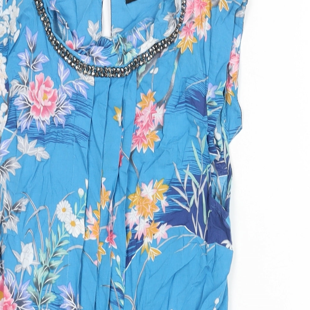 Oasis Womens Blue Floral Viscose Basic Blouse Size 8 Round Neck - Rhinestone Detail