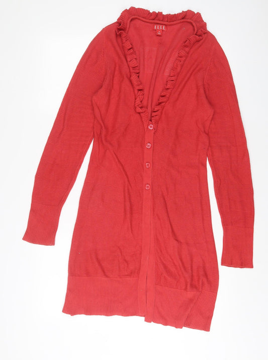 ELLE Womens Red V-Neck Cotton Cardigan Jumper Size M