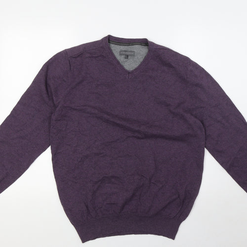 Rocha.John Rocha Mens Purple V-Neck Cotton Pullover Jumper Size L Long Sleeve