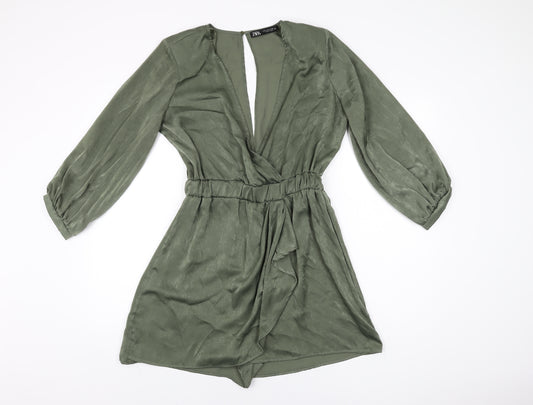 Zara Womens Green Polyester Playsuit One-Piece Size M L3 in Tie