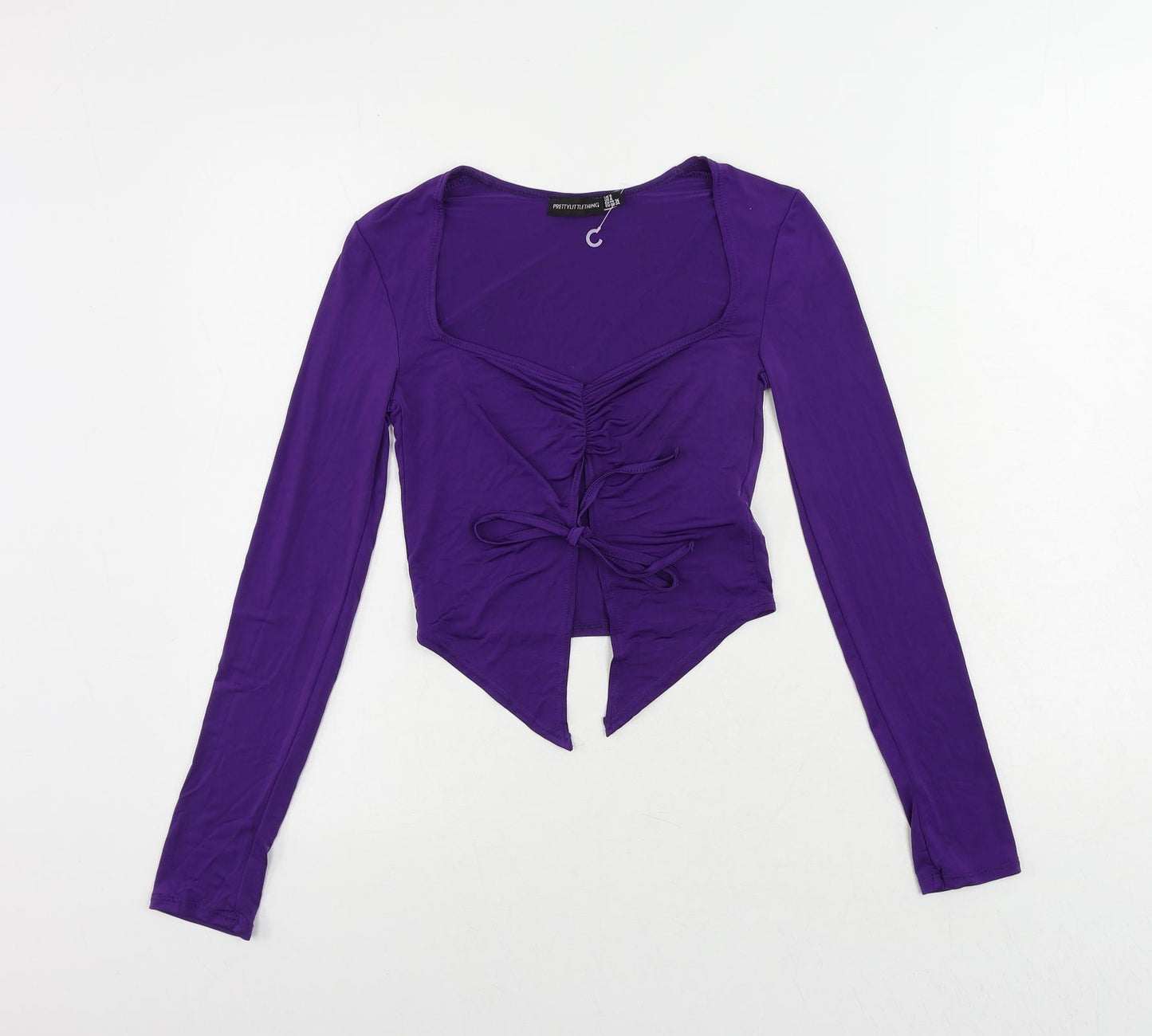 PRETTYLITTLETHING Womens Purple Polyester Cropped Blouse Size 8 V-Neck - Tie Front