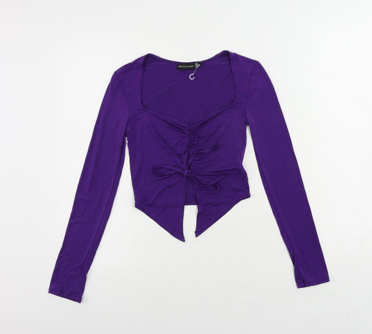 PRETTYLITTLETHING Womens Purple Polyester Cropped Blouse Size 8 V-Neck - Tie Front