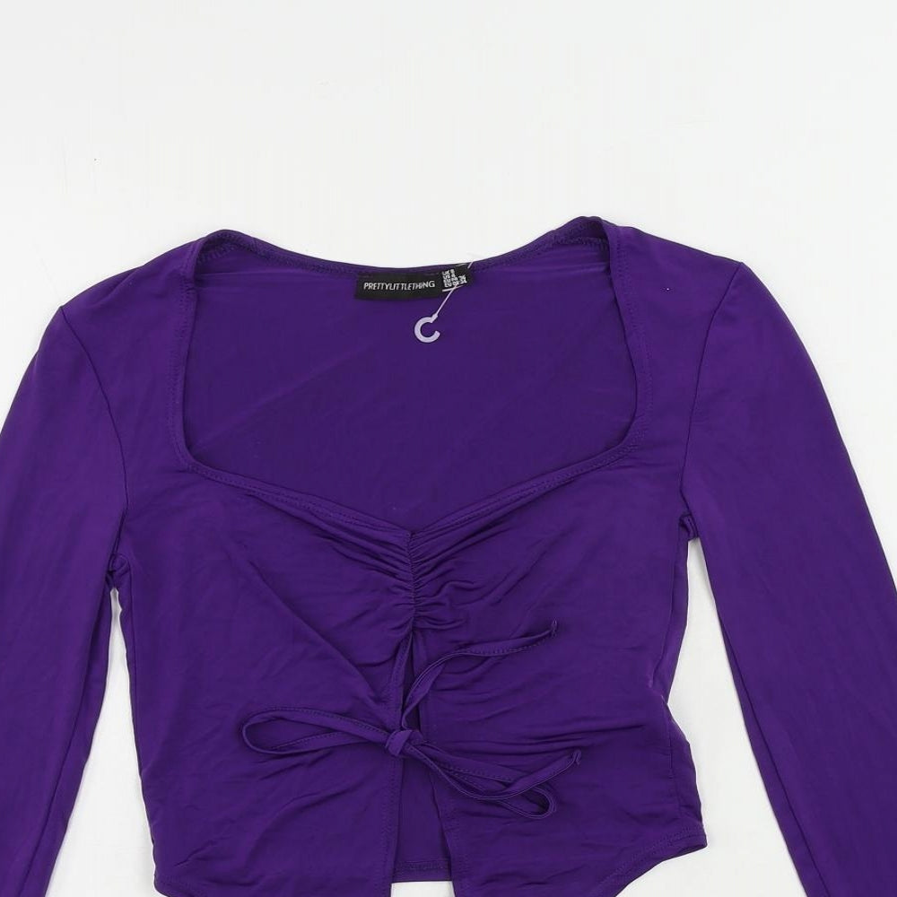 PRETTYLITTLETHING Womens Purple Polyester Cropped Blouse Size 8 V-Neck - Tie Front