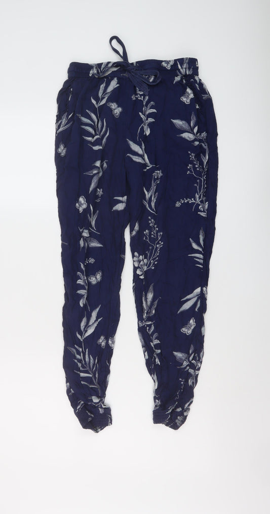 Fat Face Womens Blue Geometric Viscose Trousers Size 10 L25 in Regular Drawstring