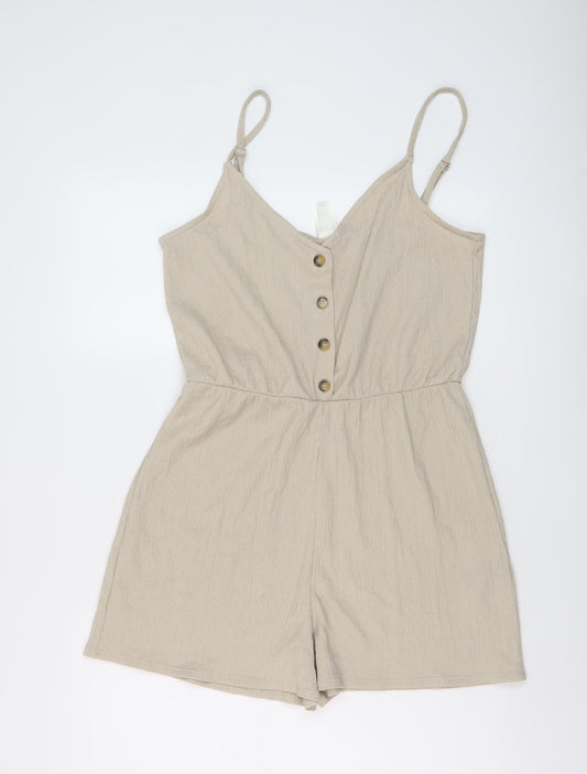 H&M Womens Beige Polyester Playsuit One-Piece Size M Button