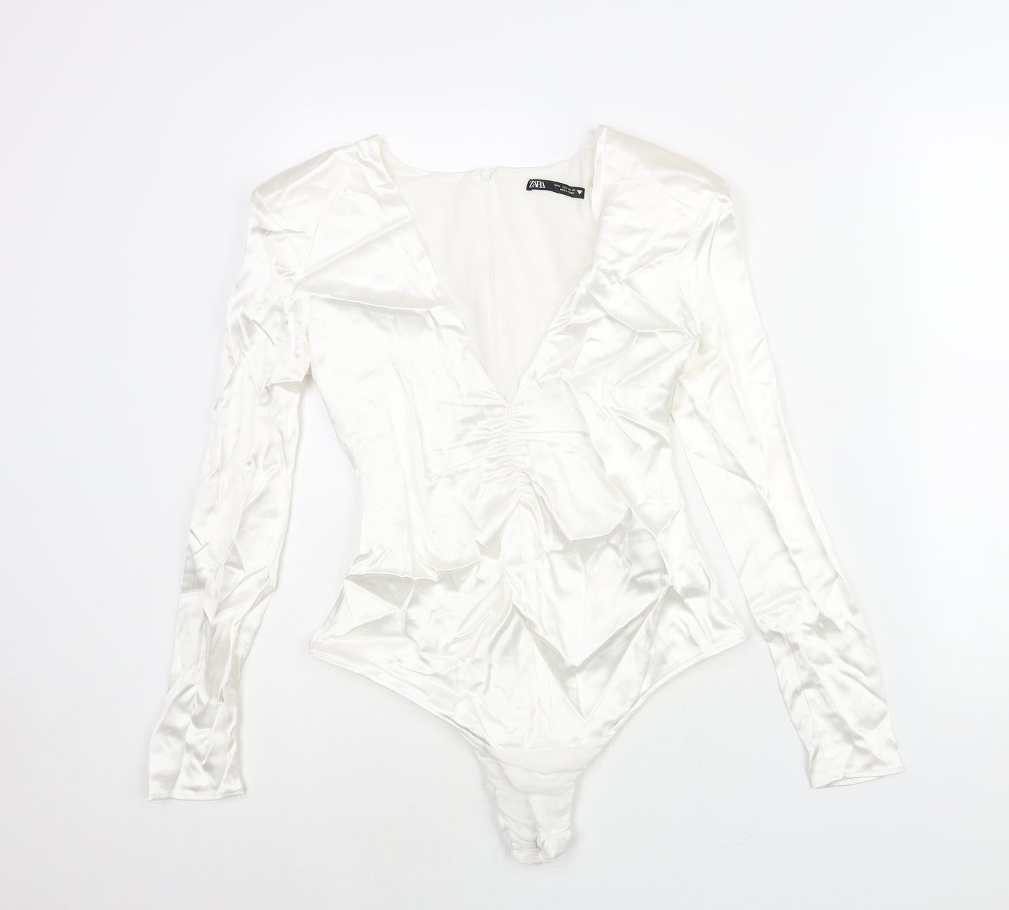 Zara Womens White Polyester Bodysuit One-Piece Size M Zip - Shoulder Pads