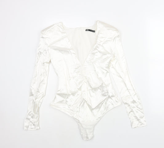 Zara Womens White Polyester Bodysuit One-Piece Size M Zip - Shoulder Pads