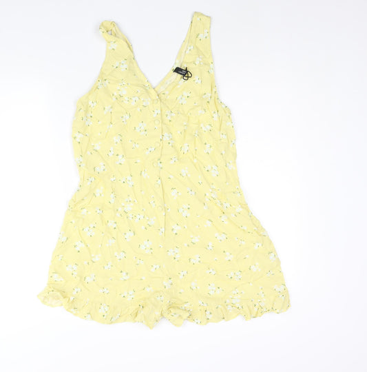 Nobody's Child Womens Yellow Floral Viscose Romper One-Piece Size 12 L3 in Button - Frill