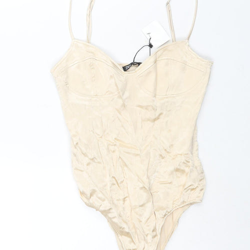 Zara Womens Ivory Polyester Bodysuit One-Piece Size S Zip