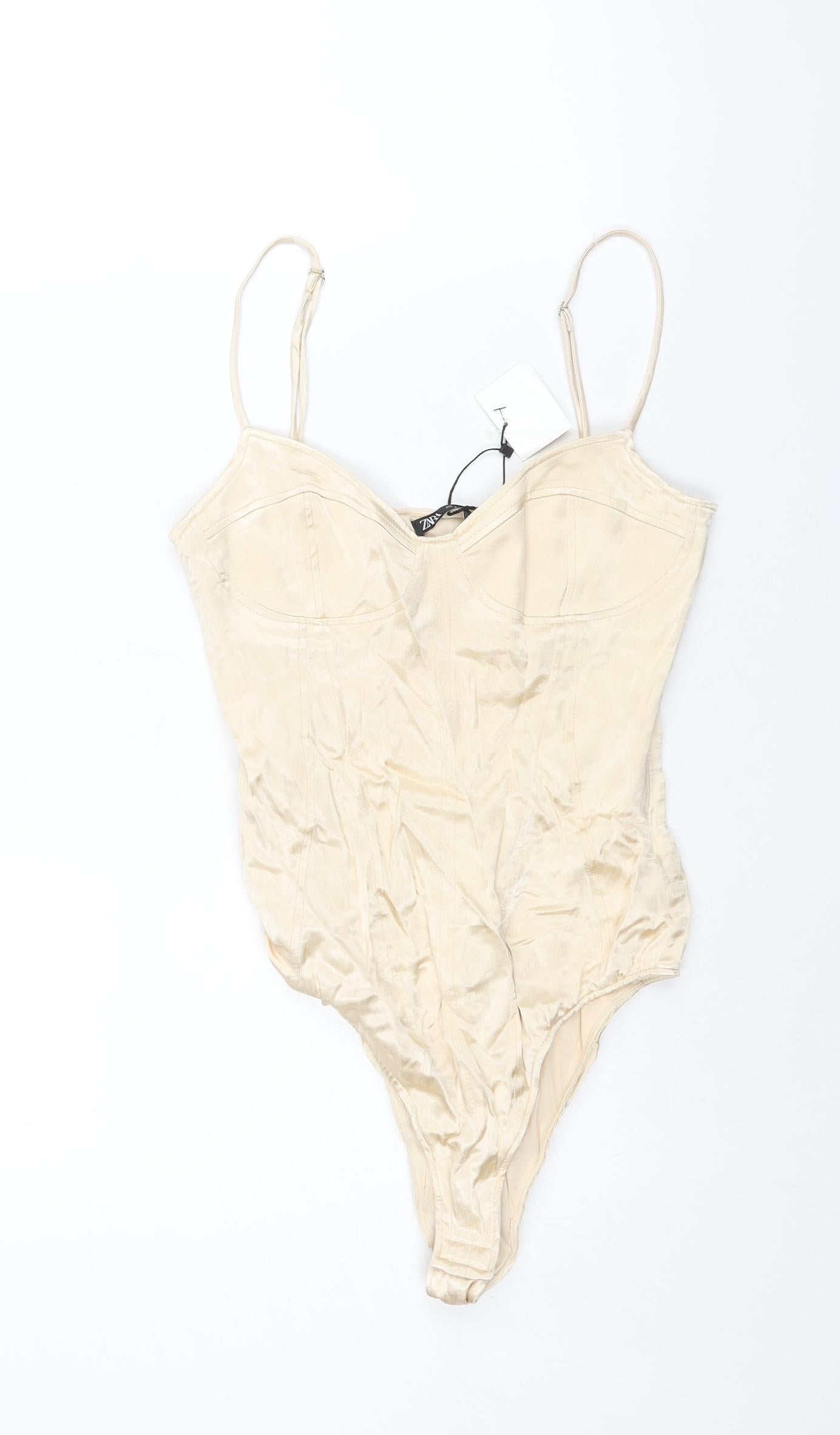 Zara Womens Ivory Polyester Bodysuit One-Piece Size S Zip