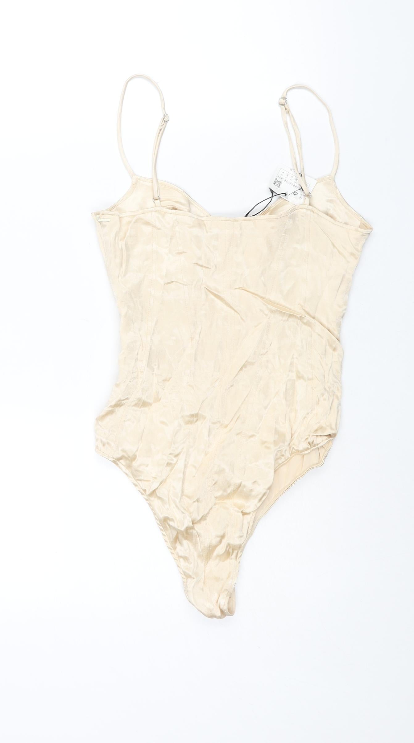 Zara Womens Ivory Polyester Bodysuit One-Piece Size S Zip