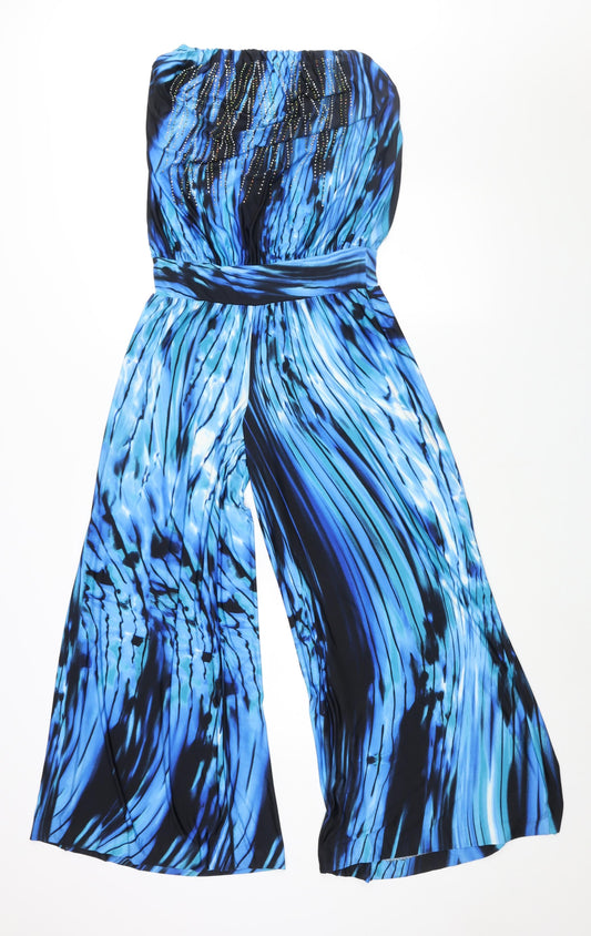 S-Twelve Womens Blue Geometric Polyester Jumpsuit One-Piece Size S L29 in Pullover - Rhinestone Detail