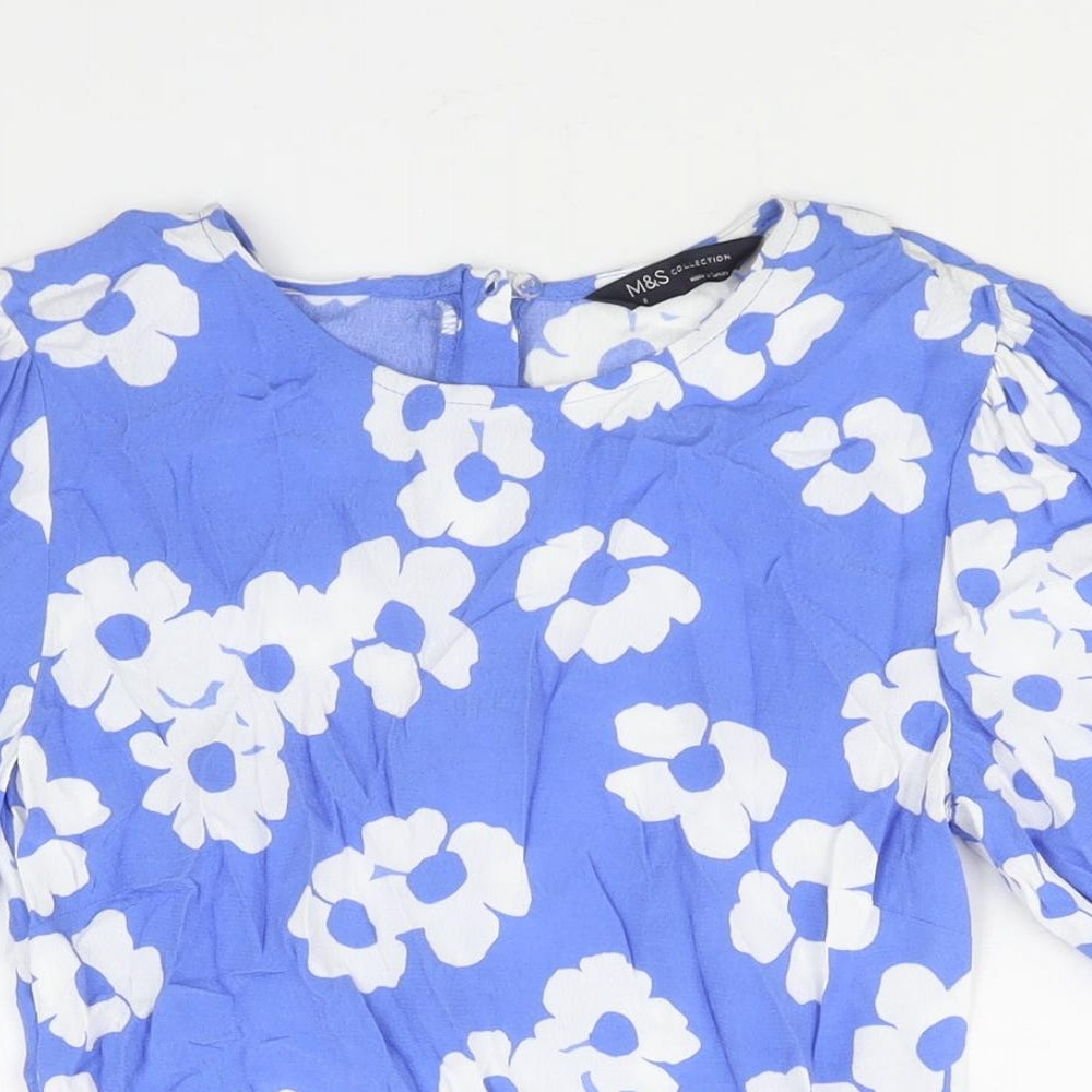 Marks and Spencer Womens Blue Geometric Viscose Basic Blouse Size 6 Round Neck - Floral Print