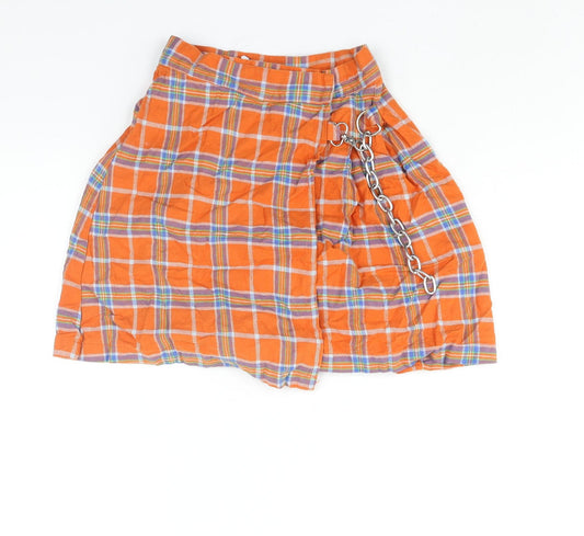 The Ragged Priest Womens Orange Check Cotton Mini Skirt Size XS Button - Chain Detail