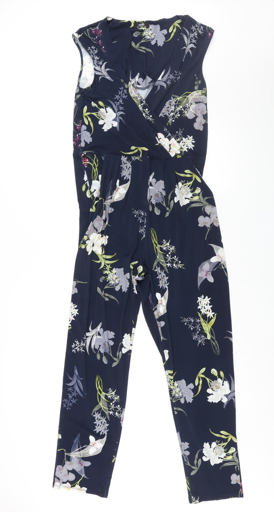 Wallis Womens Blue Floral Polyester Jumpsuit One-Piece Size 12 L28 in Pullover