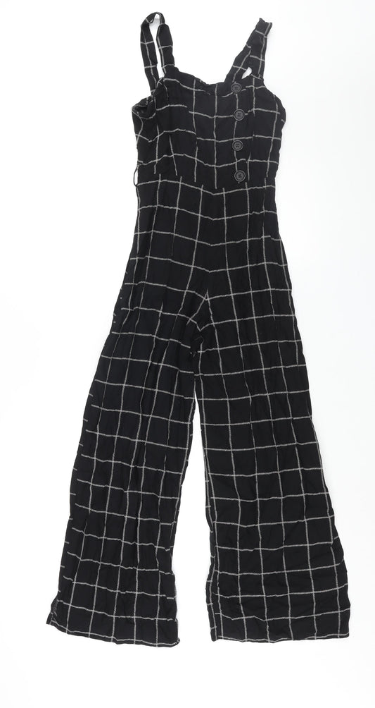 New Look Womens Black Check Viscose Jumpsuit One-Piece Size 8 L26 in Zip - Button Detail