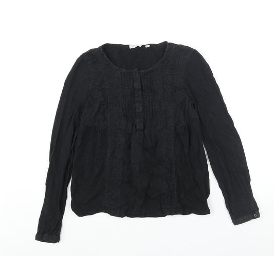 Fat Face Womens Black Cotton Basic Blouse Size 6 Round Neck - Lace Detail