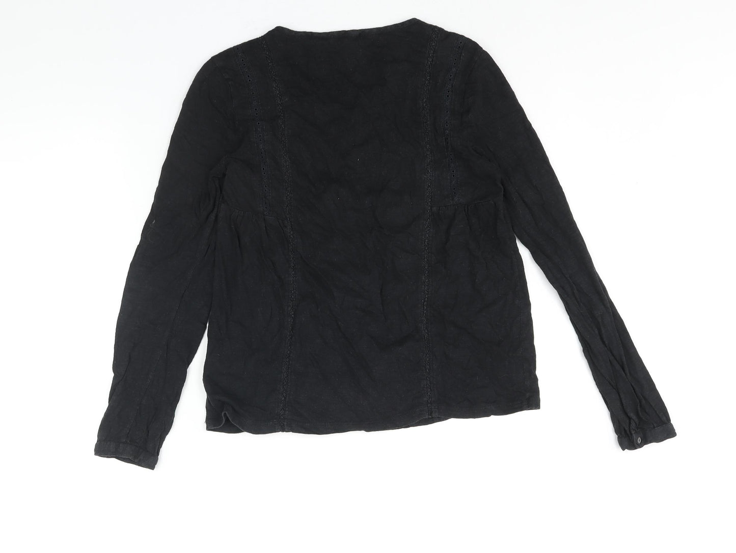 Fat Face Womens Black Cotton Basic Blouse Size 6 Round Neck - Lace Detail