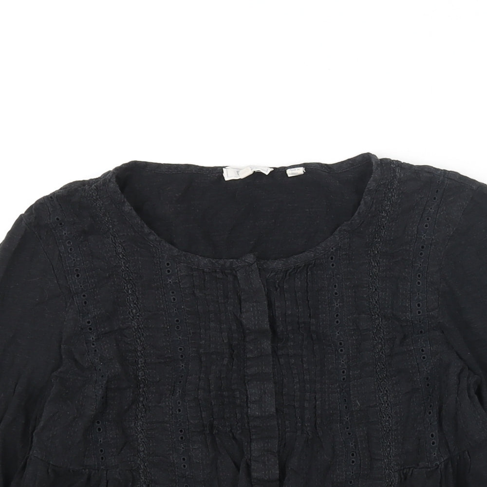 Fat Face Womens Black Cotton Basic Blouse Size 6 Round Neck - Lace Detail