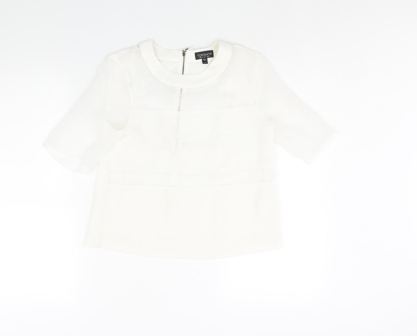 Topshop Womens White Polyester Basic Blouse Size 6 Round Neck - Semi Sheer Panel