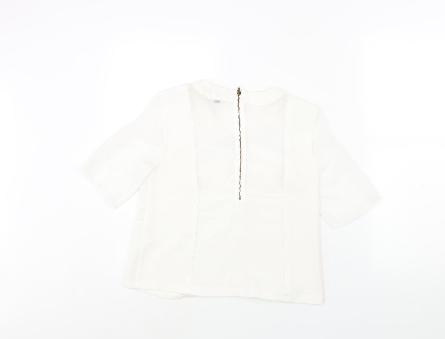 Topshop Womens White Polyester Basic Blouse Size 6 Round Neck - Semi Sheer Panel