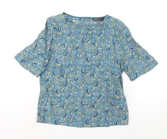 Marks and Spencer Womens Blue Geometric Modal Basic Blouse Size 6 Round Neck - Floral Print