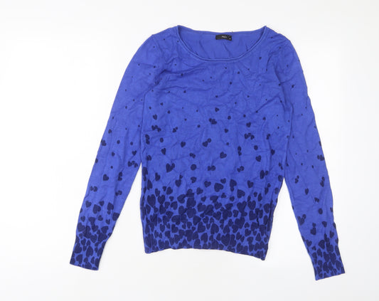 M&Co Womens Blue Crew Neck Geometric Viscose Pullover Jumper Size 10 - Heart Pattern