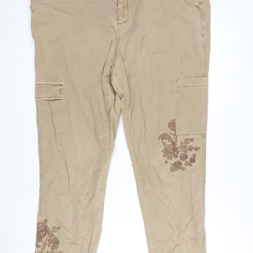 TU Womens Beige Cotton Cargo Trousers Size 16 L28 in Regular Zip - Embroidery