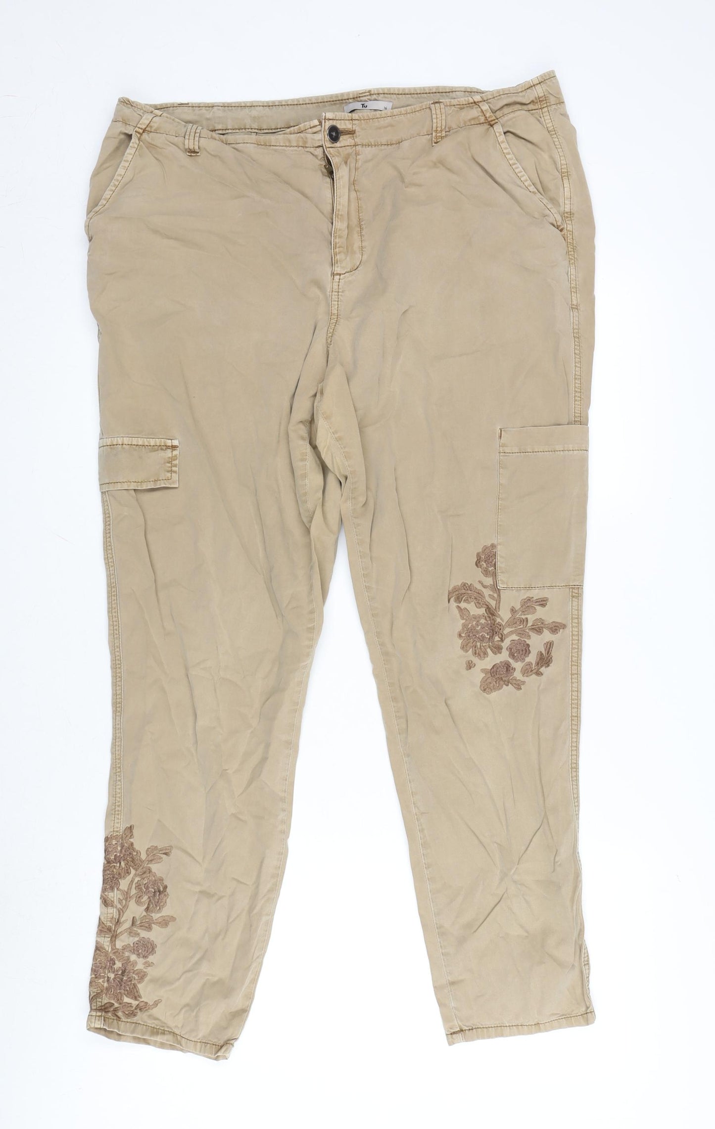 TU Womens Beige Cotton Cargo Trousers Size 16 L28 in Regular Zip - Embroidery