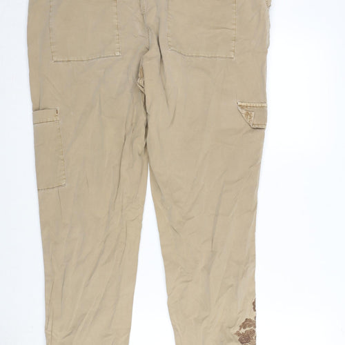 TU Womens Beige Cotton Cargo Trousers Size 16 L28 in Regular Zip - Embroidery