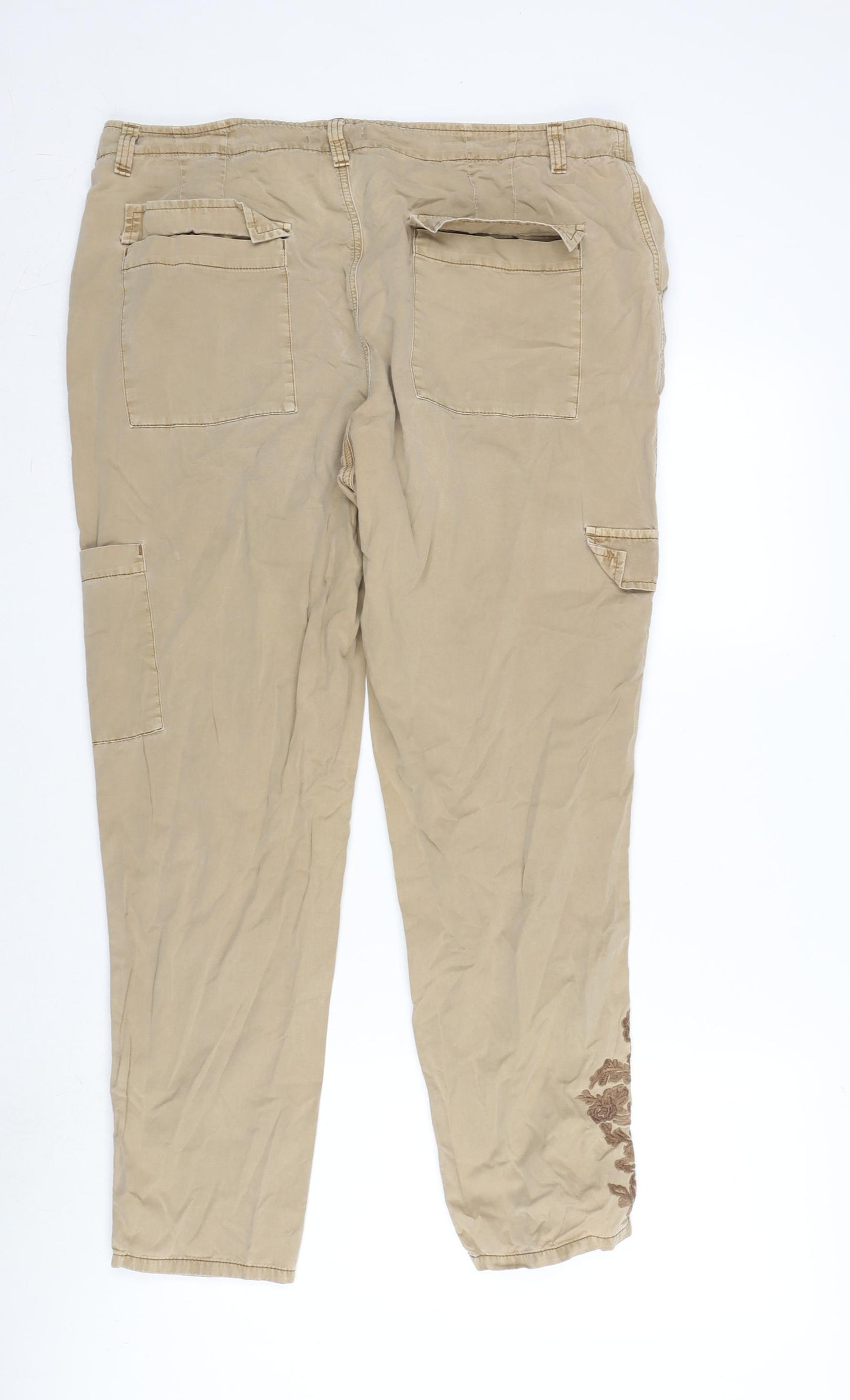 TU Womens Beige Cotton Cargo Trousers Size 16 L28 in Regular Zip - Embroidery